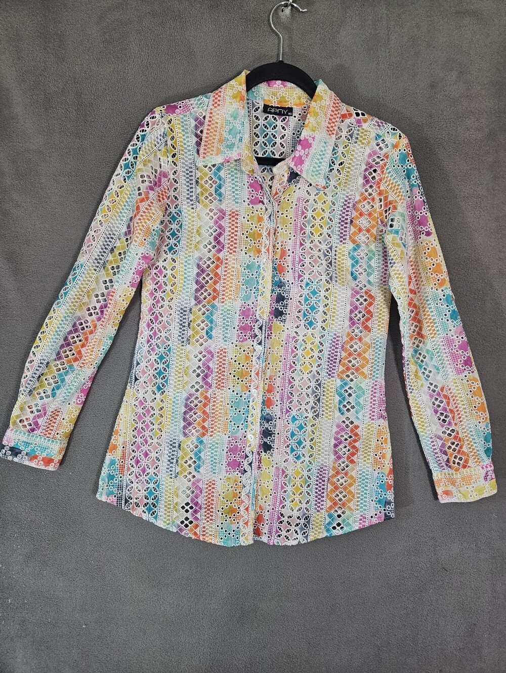 AP NY Womens XS Button Shirt Rainbow Boho Eyelets Crochet Long Sleeve Lagenlook